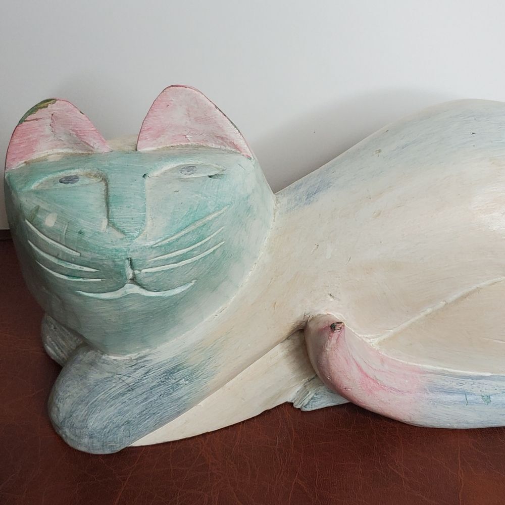 1980s Vintage Hand Carved Folk Art Wooden Cat Animal Pastel Decor Figure